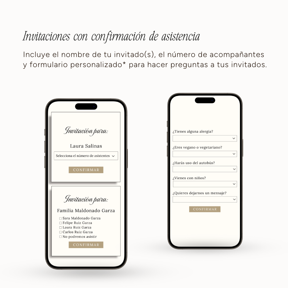 Sección de confirmación de asistencia en una invitación digital con fotos y detalles dorados