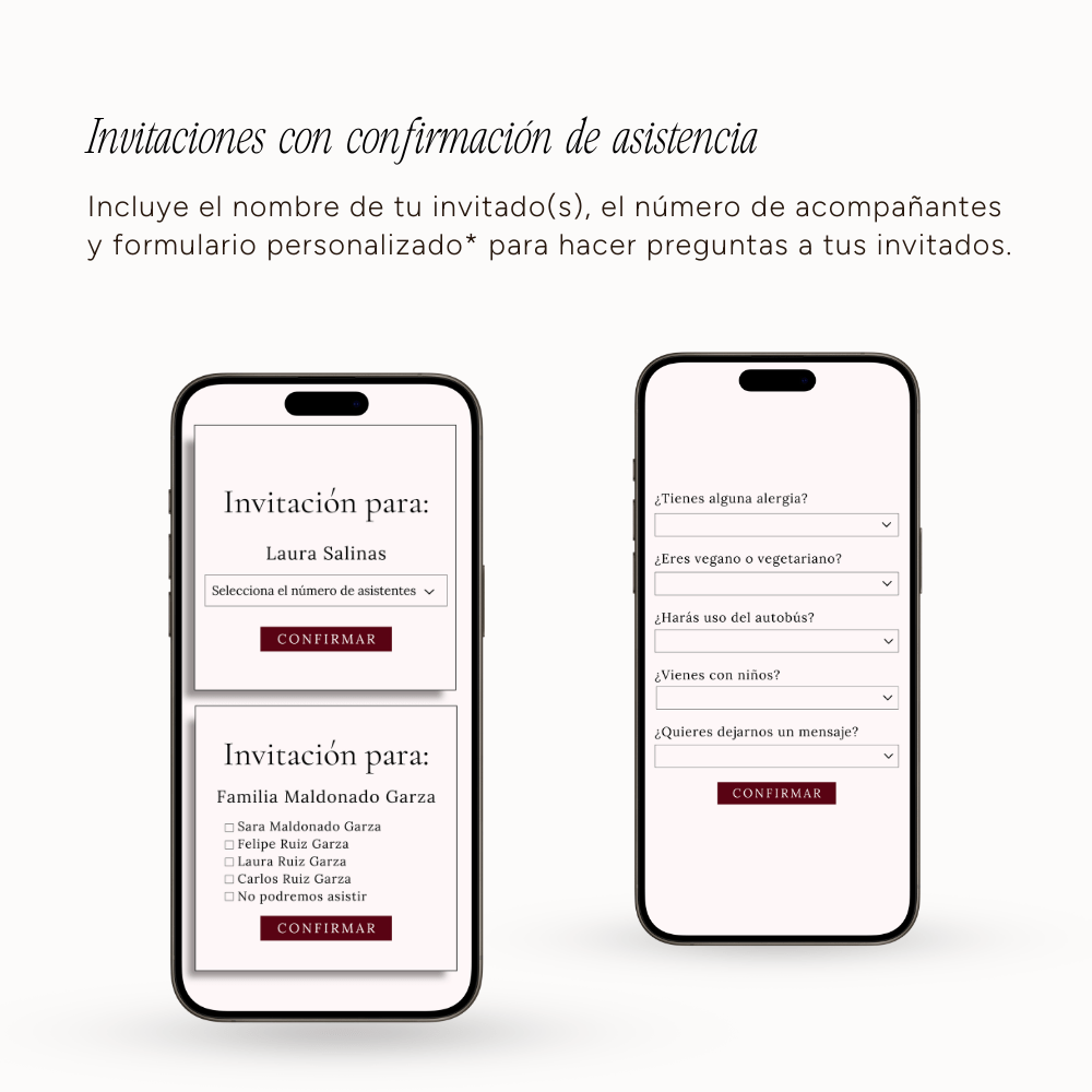 Imagen que muestra confirmacion de asistencia de invitacion digital con fotos color burdeos