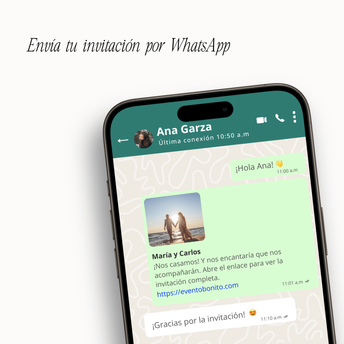 Imagen del envío de una invitación digital de boda personalizada a través de WhatsApp