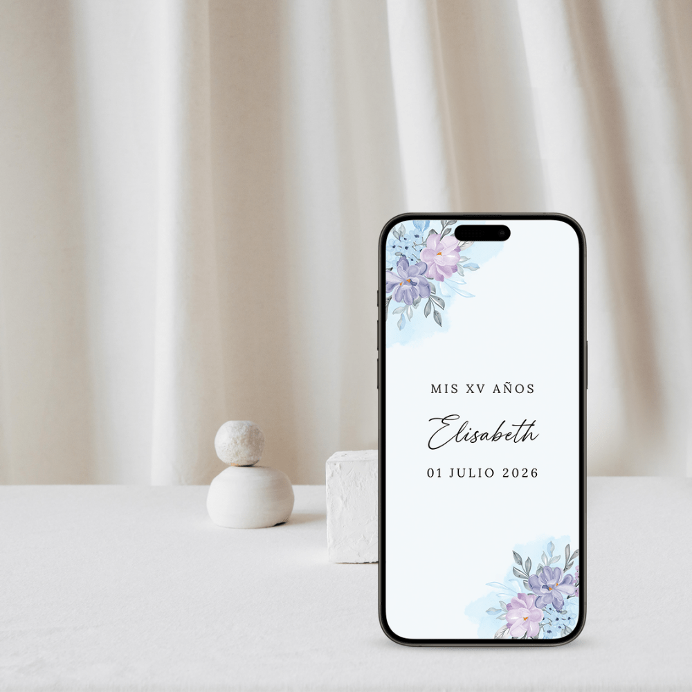 Imagen que muestra portada invitacion digital de xv con flores color celeste